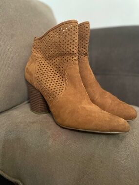 Indigo Tan Suede Perforated Block Heel Ankle Boots